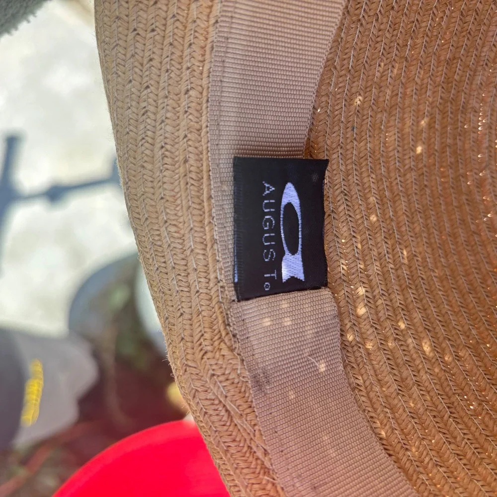 August‎ Hat Co Tan Straw Sun Hat Wide Brim Beaded Cord Summer Beach One Size